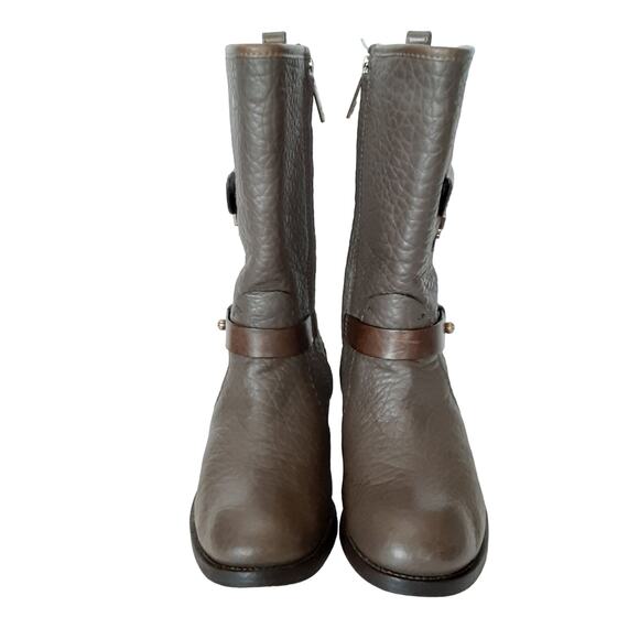 Tory Burch Leona Riding Boots Gray Pebble Leather Mid Calf Womens 5.5 Authentic - Picture 4 of 16